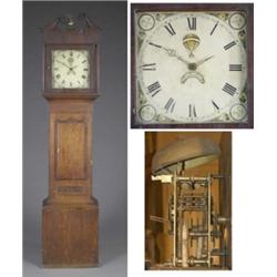 An oak longcase clock, the square 31cm enamelled dial with floral spandrels and balloon in flight...