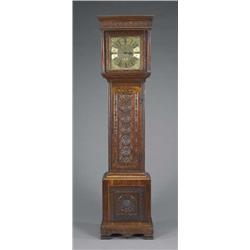 An oak longcase clock, with square 27cm brass dial, with mask and scroll spandrels, Roman chapter...