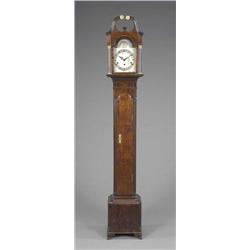 A small oak longcase clock, the silvered 17cm dial with Roman chapter ring, inscribed 'Tempus Fug...