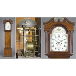 An oak longcase clock, the arched enamelled dial with neo-classical urn and leaf scrolls above fl...