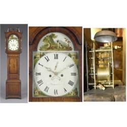 An oak longcase clock, the enamelled 34cm dial painted with dog and dead game in a landscape to a...