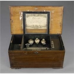 A Swiss bells-in-sight cylinder musical box, the 15cm cylinder to play eight airs listed on a lit...