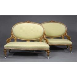 A rare pair of early Victorian rococo revival maple salon sofas, signed 'S. Taylor August 1st 186...
