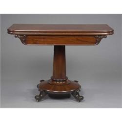 A William IV mahogany D-shaped folding tea table, the plain frieze applied with lotus mouldings,...