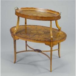 A good Victorian Sheraton revival satinwood and marquetry two-tier oval etagere, harewood inlaid...