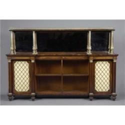 A large Regency brass mounted rosewood breakfront chiffonier, the three-plate rectangular mirror...