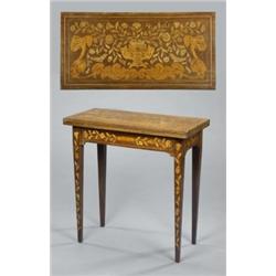 A Dutch mahogany and floral marquetry card table, with baize lined rectangular folding swivel top...