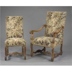 A set of six late 19th century French walnut dining chairs, in Louis XIV style, the rectangular b...