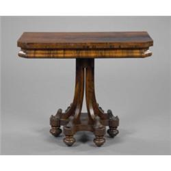 A George IV rosewood folding tea table, the canted rectangular top above a bombe frieze, on an un...