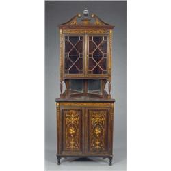 A Victorian rosewood and marquetry Sheraton revival standing corner cabinet, inlaid with engraved...