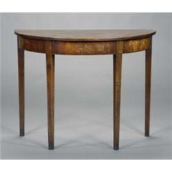 A George III mahogany semi-circular side table, inlaid with stringing, on square tapering legs, 9...