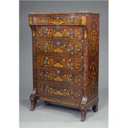 An early 19th century Dutch mahogany and floral marquetry tall chest, fitted one concave and five...