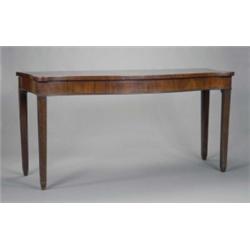 A George III mahogany serpentine side table, with shaped sides and plain astragal moulded frieze,...