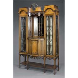 A Victorian satinwood, mahogany and marquetry salon cabinet, the bow centre with an open mirror-b...