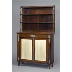 A Regency brass mounted rosewood chiffonier, the panelled three-shelf back with three-quarter gal...