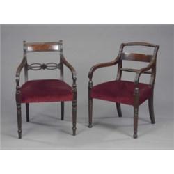 A Regency mahogany elbow chair, reeded frame and overscrolled arms, panelled cresting rail and in...