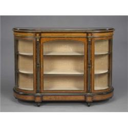 A good brass mounted burr walnut and amboyna bow-end side cabinet, the silk lined interior with s...