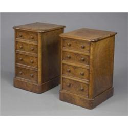A pair of Victorian burr walnut bedside cabinets, adapted, of rounded rectangular pedestal form,...