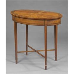A late 19th century inlaid mahogany oval occasional table, the square tapering legs and cross-str...