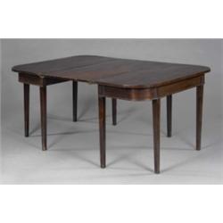 A George III mahogany dining table, altered, the D-shaped ends with plain beaded frieze, on squar...