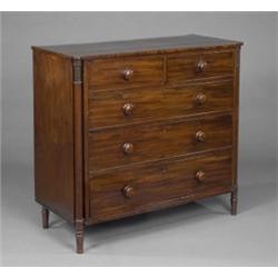 A George IV mahogany chest, fitted two short and three long cockbeaded drawers, the angles with f...