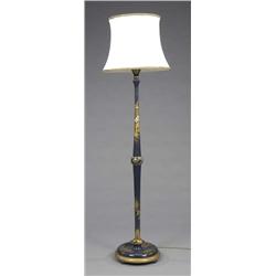 A blue lacquer electric standard lamp, chinoiserie decorated with figures, flowers and pavilions...