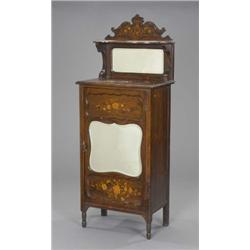 A Victorian rosewood and floral marquetry music cabinet, the back with a serpentine shelf and mir...