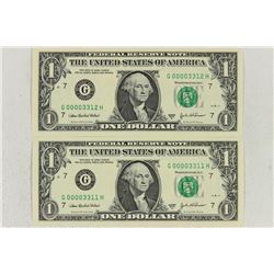 2-2003-A $1 FRN'S LOW CONSECUTIVE SERIAL 'S UNC