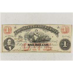 1862 $1 VIRGINIA TREASURY NOTE UNC