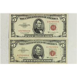 1953-B & 1963 $5 US NOTES RED SEALS