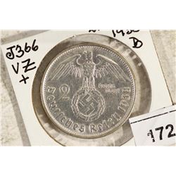 1938-B GERMAN SILVER 2 MARKS WITH SWASTIKA