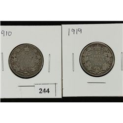 1910 & 1919 CANADA SILVER 25 CENTS