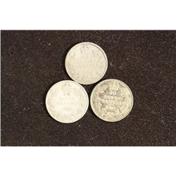 1906,1909 & 1910 CANADA SILVER 10 CENTS