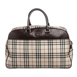 Burberry Nova Check Fabric Brown Leather Travel Duffle Bag