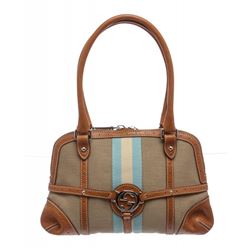 Gucci Beige Brown Canvas Blue Leather Shoulder Bag