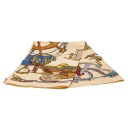 Hermes Beige Bateau A Vapeur De Jouffroy D'Abbans Silk Scarf