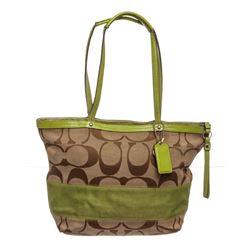 Coach Beige Green Canvas Leather Monogram Tote Bag