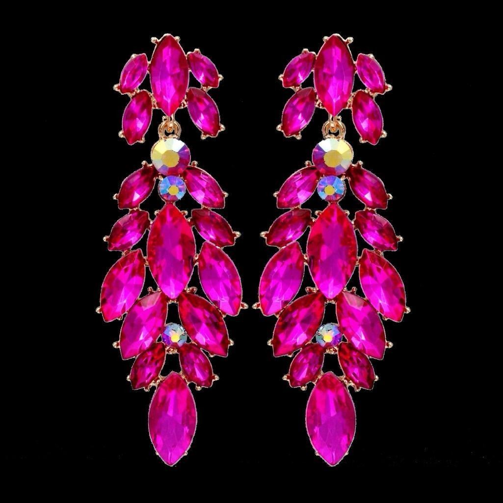 18k Gold Plated Fuchsia Crystal Rhinestone Chandelier Drop Dangle Earrings