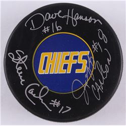 Dave Hanson, Steve Carlson  Jeff Carlson Signed Chiefs "Slap Shot" Logo Hockey Puck (Schwartz COA)
