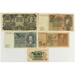 5 ASSORTED GERMAN BILLS 1914-1 MARK, 1942-5 MARK,