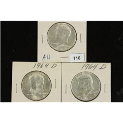1964 & 2-1964-D 90% SILVER KENNEDY HALF DOLLARS