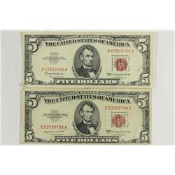 1953-B & 1963 $5 US NOTES RED SEALS