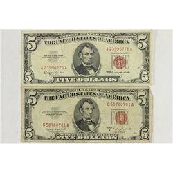 1953-B & 1963 $5 US NOTES RED SEALS