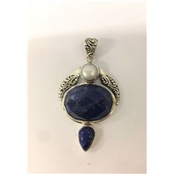 Lapis Oval Shape W/Other Stones Ss Pendant