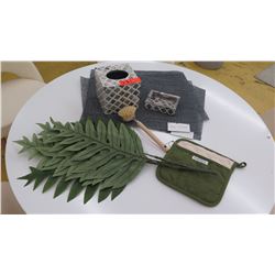 4 Placemats, Kassatex Facial Tissue Holder, Soap Dish, Pot Holder, Scrubber, Faux Leaves