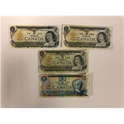 1970'S CANADIAN BANK NOTES LOT (3 X ONE DOLLAR, FIVE DOLLAR)