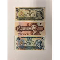 1973-1986 CANADIAN BANK NOTES LOT (1973 ONE DOLLAR, 1986 TWO DOLLAR, 1979 FIVE DOLLAR)