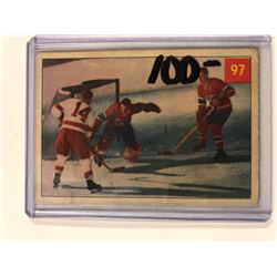 1953-54 Parkhurst Hockey Card #97 Jacques Plante/Butch Bouchard/Earl Reibel