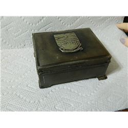 METAL TRINKET  BOX WITH BRITISH COLUMBIA CREST - STAMPED ON BASE - WOOD LINES - HING AS-IS