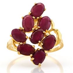 *RING - 4.30 CTW OVAL FACETED GENUINE RUBY(8) IN YELLOW GOLD OVER 925 STERLING SILVER DESIGNED SETTI